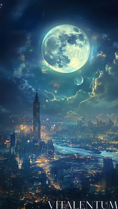 Luminous twin moons above a sprawling neon river metropolis.