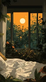 Golden hour bedroom oasis wrapped in plants and quiet light.