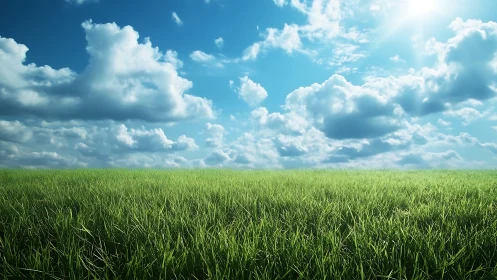 Wide-angle grassy field under cumulus cloud deck and harsh sunlight