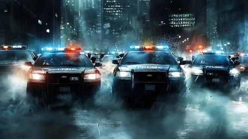 Rain-soaked urban pursuit with synchronized police cruisers.