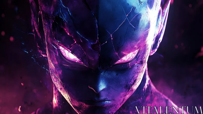 Bioluminescent cyber entity portrait with fractured metallic face