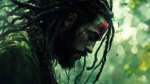 Contemplative warrior profile in luminous forest ambience.