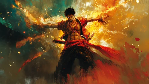 Fiery anime swordsman standing in explosive abstract blaze.