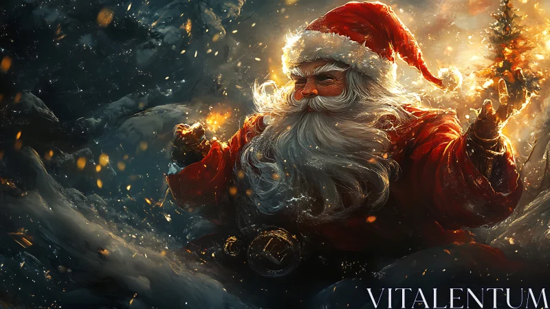 Santa Claus conjures glowing sparks in snowy night landscape