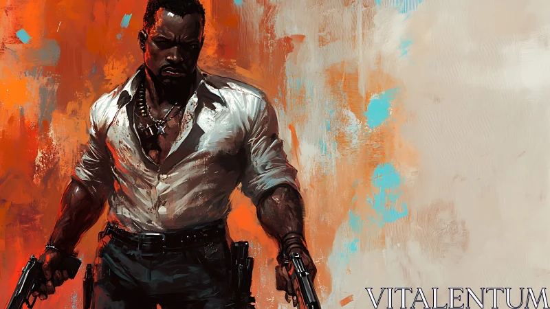 Gunfighter in white shirt over abstract orange backdrop.