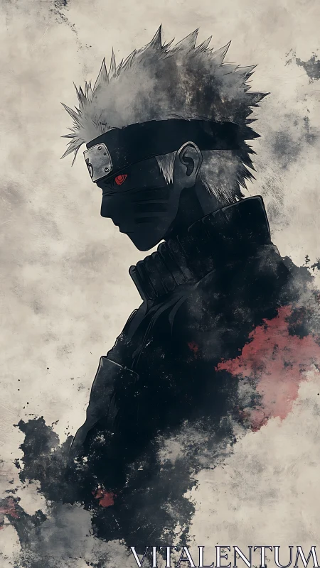 Shadowed anime warrior stands amid drifting ink clouds