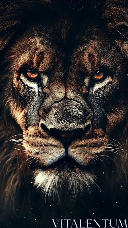 Lion&rsquo;s intense gaze captured in dramatic close-up portrait.