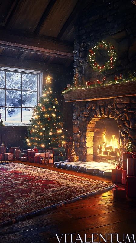 Christmas tree and fireplace decorate a snowy cabin interior