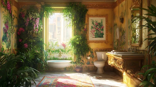 Luxurious garden bathroom interior merges foliage and gold