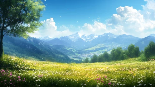 Sunlit alpine meadow opens toward distant snowy peaks.