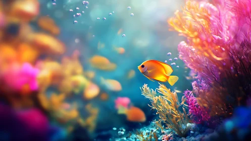 Neon reef daydream with golden fish in liquid light.