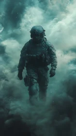Armored soldier advancing through dense teal combat smoke.