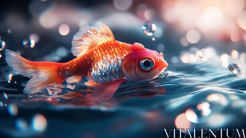 Hyperreal goldfish with bokeh-lit surface ripples in motion