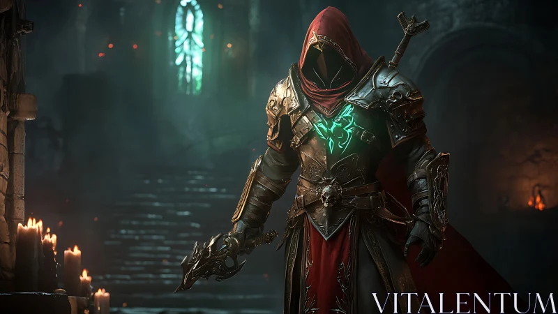 Armored mage channels emerald power in dark cathedral hall