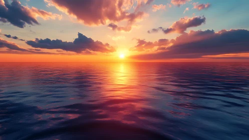 Spectral ocean horizon under volumetric sunset illumination.