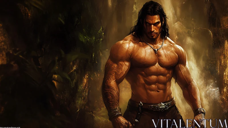 Warrior bodybuilder in jungle light, muscular fantasy hero.