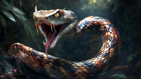Coiled jungle serpent poised in shimmering scale armor.