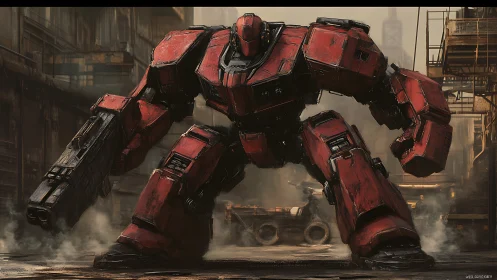 Red combat mech advancing through industrial warzone.