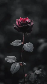 Deep crimson rose with water droplets against dark atmospheric backdrop