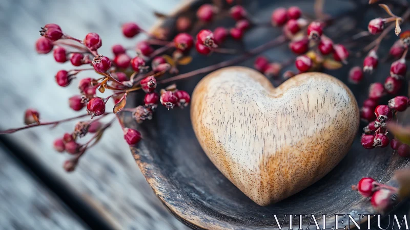 Wooden Heart with Red Berries on Dark Surface.