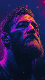 Neon warrior portrait under deep magenta blue lighting.