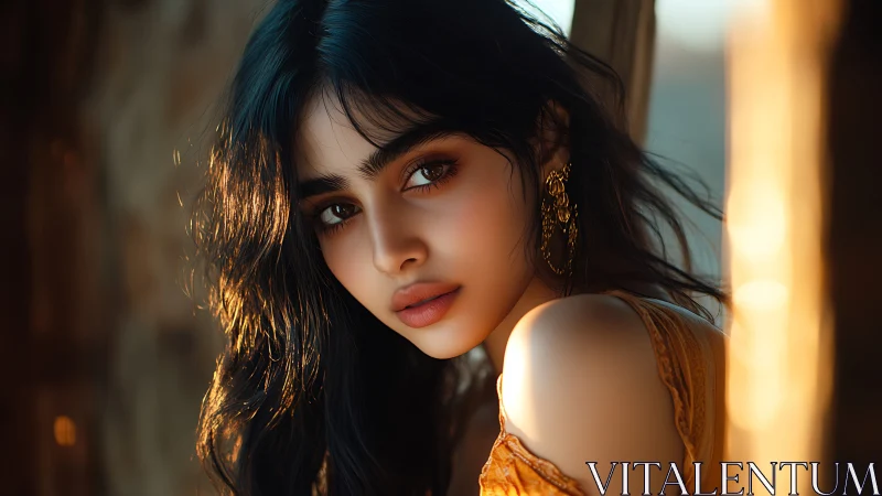 Sunlit gaze of a golden-hour muse in warm rustic shadows.