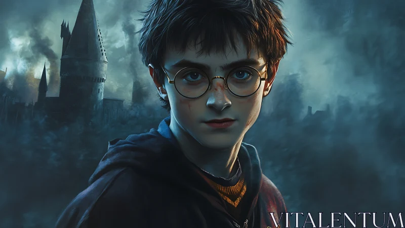 Stormlit young wizard steadies his gaze before looming towers