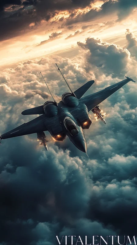 Stealth fighter jet cuts through stormlit cloud horizon