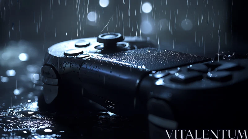 Gaming controller rests in cinematic neon rainstorm scene.