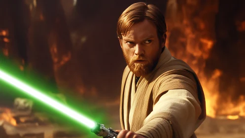 Green-bladed guardian carves light through molten dusk