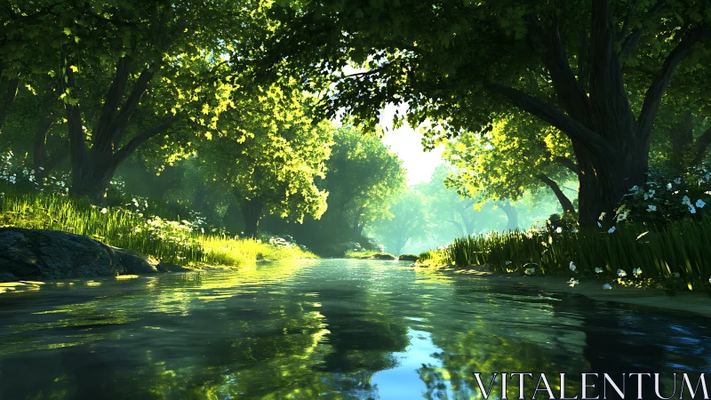 Sunlit forest river reflects luminous green canopy.