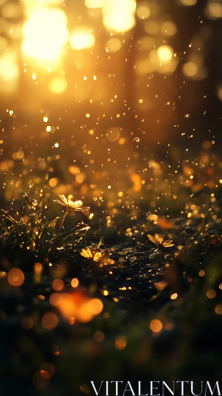 Golden raindrops gently brighten a warm forest meadow