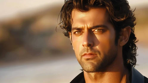 Sunlit portrait captures intense golden gaze by shoreline.