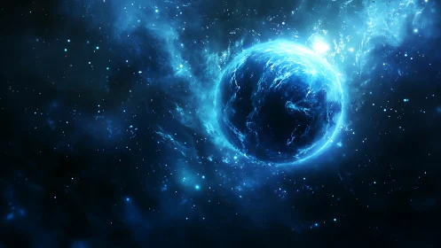 Luminous blue planet amid cosmic nebula field in deep space.