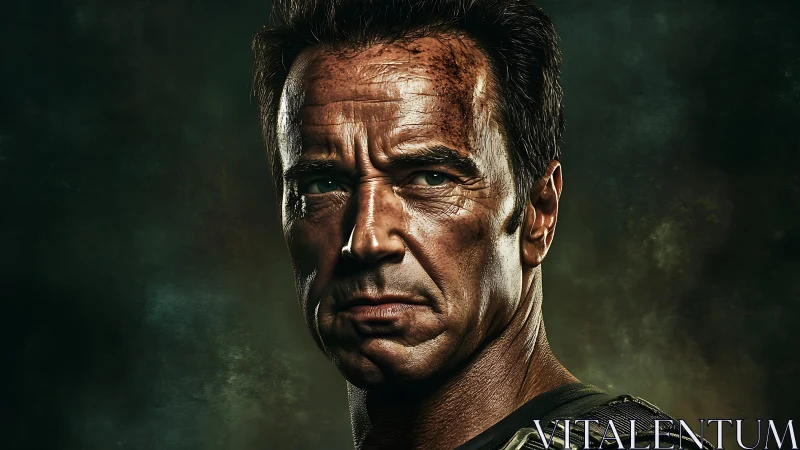 Weathered hero portrait glowing against shadowed green haze.