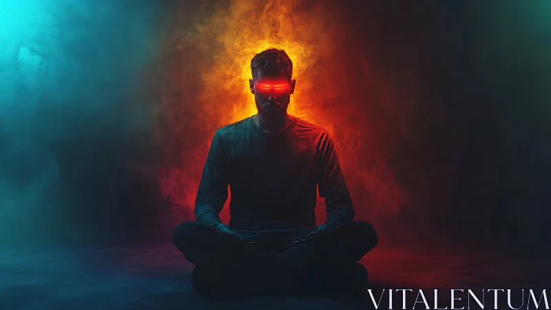 Cybernetic meditator in dual-tone neon atmospheric haze.