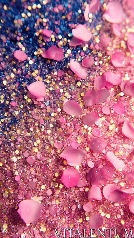 Macro rose petals suspended over multicolored glitter bokeh field