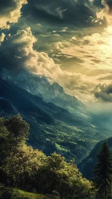 Sunlit stormfront rolling over emerald mountain valley.
