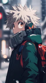 Anime boy in winter gear looking back on snowy street