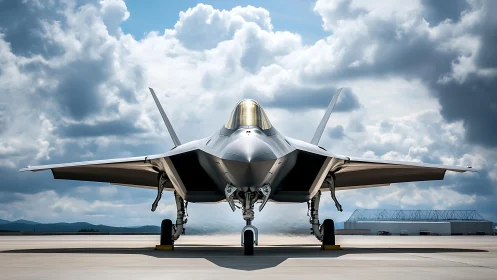 Stealth tactical fighter jet on runway under dynamic cumulus sky