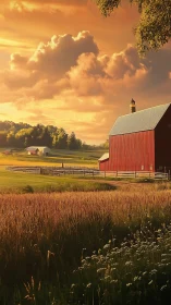 Golden hour light warms a red barn on peaceful farmland