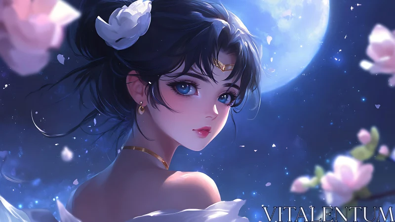 Moonlit girl gazes softly under glowing petals and starlight
