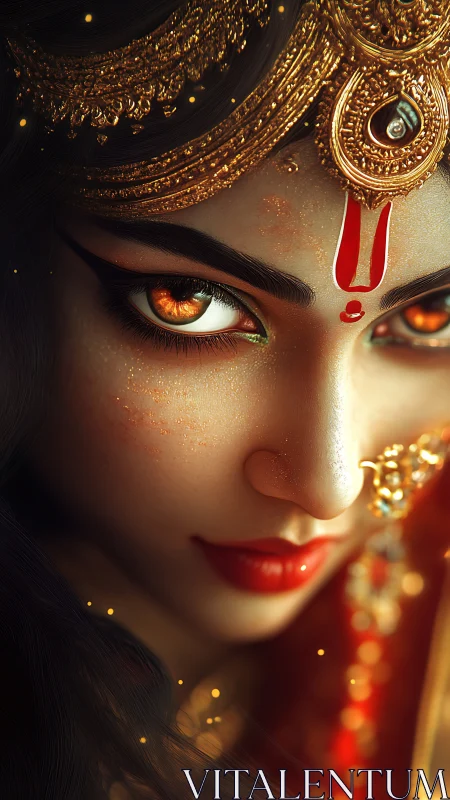 Divine gaze in ornate golden headdress and glowing red adornment.