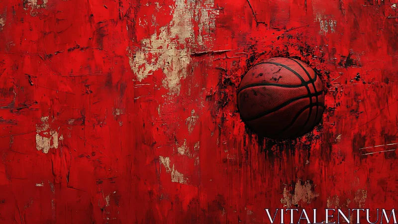 Textured red abstract wall with embedded worn basketball surface