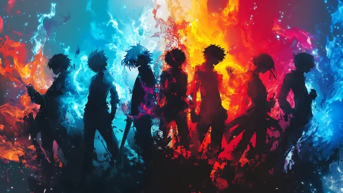 Silhouetted anime figures aligned against tricolor elemental flame gradients