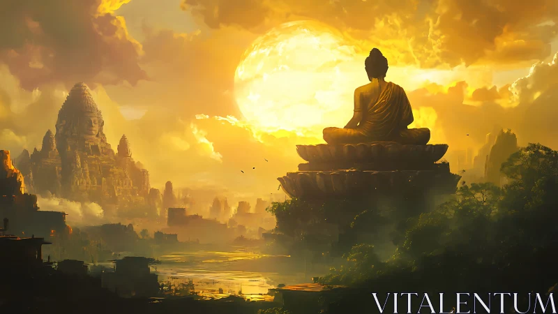 Sunlit Buddha over mythic city with radiant golden clouds.