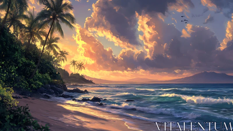 Sunlit tropical shoreline with palm trees at quiet sunset.