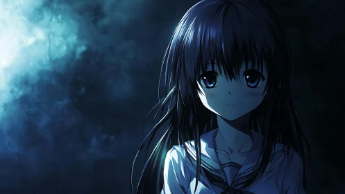 Gentle night portrait of a quiet girl in soft blue light.