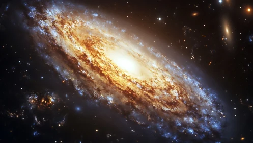 Spiral galaxy glows with dense golden core and blue arms