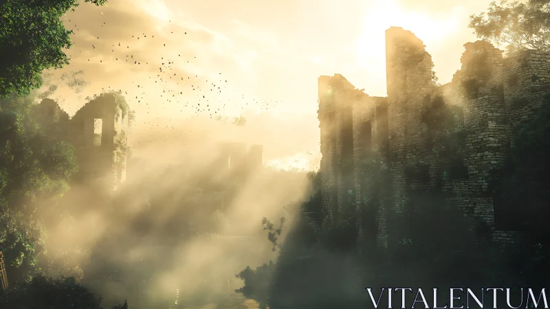 Sunlit stone ruins with dense mist and surrounding foliage.